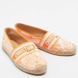 Dior Neon Orange/White Embroidered Canvas Granville Espadrille Flats Size 38.5