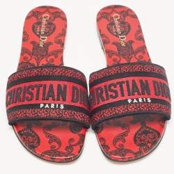Dior Red/Black Canvas Dway Flat Slides Size 40