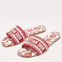 Pre Owned Dior Red/White Embroidered Canvas Dway Flat Slides Size 39.5