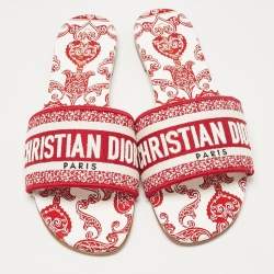 Pre Owned Dior Red/White Embroidered Canvas Dway Flat Slides Size 39.5