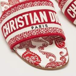 Pre Owned Dior Red/White Embroidered Canvas Dway Flat Slides Size 39.5