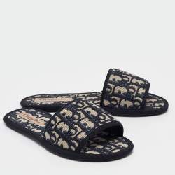 Dior Navy Blue/Cream Jacquard Flat Slides Size 37.5