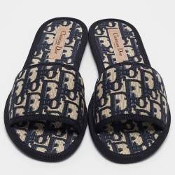 Dior Navy Blue/Cream Jacquard Flat Slides Size 37.5