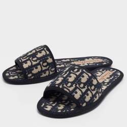 Dior Navy Blue/Cream Jacquard Flat Slides Size 37.5