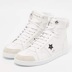 Pre Owned Dior White Leather and Suede DiorStar High Top Sneakers Size 39.5