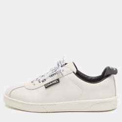 Chanel White/Black Leather Logo Lace Up Low Top Sneakers Size 36