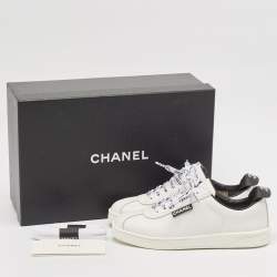 Chanel White/Black Leather Logo Lace Up Low Top Sneakers Size 36