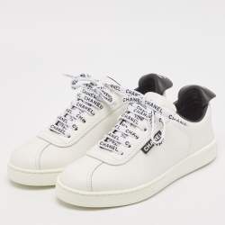 Chanel White/Black Leather Logo Lace Up Low Top Sneakers Size 36
