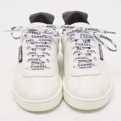 Chanel White/Black Leather Logo Lace Up Low Top Sneakers Size 36