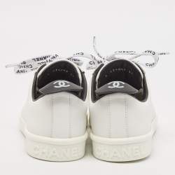 Chanel White/Black Leather Logo Lace Up Low Top Sneakers Size 36