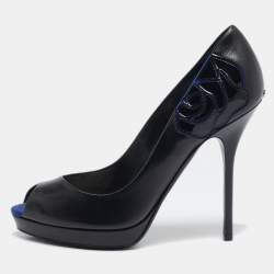 Dior Black/Blue Leather and Suede Rose Detail Peep Toe Pumps Size 38