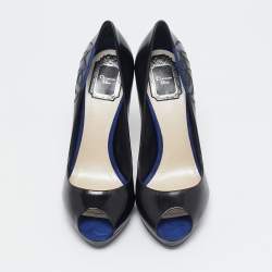 Dior Black/Blue Leather and Suede Rose Detail Peep Toe Pumps Size 38