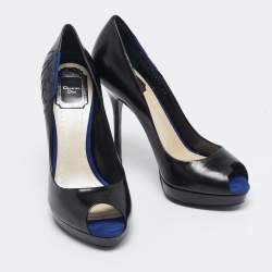 Dior Black/Blue Leather and Suede Rose Detail Peep Toe Pumps Size 38