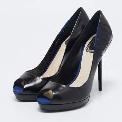 Dior Black/Blue Leather and Suede Rose Detail Peep Toe Pumps Size 38