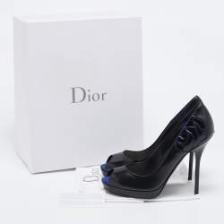 Dior Black/Blue Leather and Suede Rose Detail Peep Toe Pumps Size 38