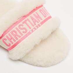 Dior White/Pink Canvas and Shearling Chez Moi Flat Sandals Size 40