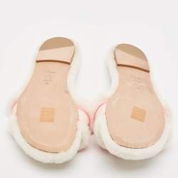 Dior White/Pink Canvas and Shearling Chez Moi Flat Sandals Size 40