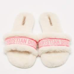 Dior White/Pink Canvas and Shearling Chez Moi Flat Sandals Size 40