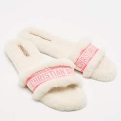 Dior White/Pink Canvas and Shearling Chez Moi Flat Sandals Size 40