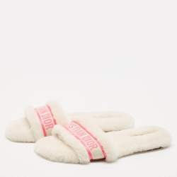 Dior White/Pink Canvas and Shearling Chez Moi Flat Sandals Size 40