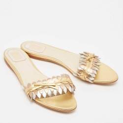 Pre Owned Dior Brown/Sliver Leather Flat Slides Size 40