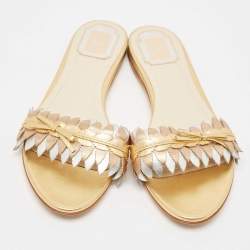 Pre Owned Dior Brown/Sliver Leather Flat Slides Size 40