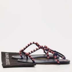 Dior Navy Blue Satin Beads T-Strap Flat Sandals Size 39