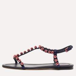 Dior Navy Blue Satin Beads T-Strap Flat Sandals Size 39