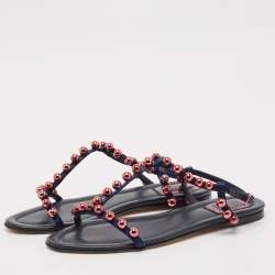 Dior Navy Blue Satin Beads T-Strap Flat Sandals Size 39