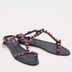 Dior Navy Blue Satin Beads T-Strap Flat Sandals Size 39