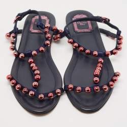 Dior Navy Blue Satin Beads T-Strap Flat Sandals Size 39
