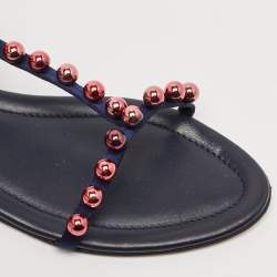 Dior Navy Blue Satin Beads T-Strap Flat Sandals Size 39