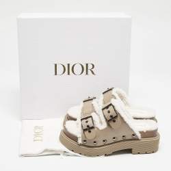 Dior Beige Leather and Shearling Fur Diorquake Strap Sandals Size 36