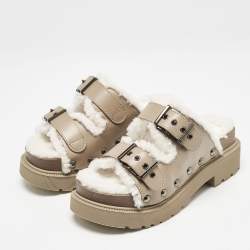 Dior Beige Leather and Shearling Fur Diorquake Strap Sandals Size 36