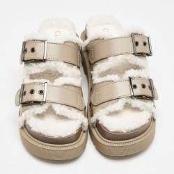 Dior Beige Leather and Shearling Fur Diorquake Strap Sandals Size 36