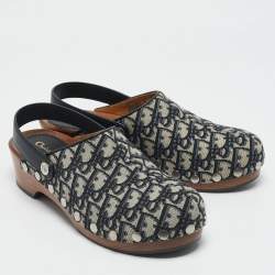 Dior Navy Blue Oblique Canvas and Leather Slingback Clogs Size 40