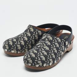 Dior Navy Blue Oblique Canvas and Leather Slingback Clogs Size 40