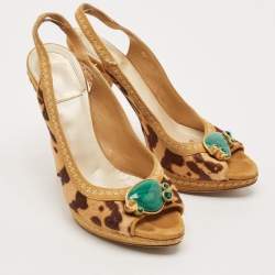 Dior Beige/Brown Calf Hair and Suede Peep Toe Slingback Pumps Size 38