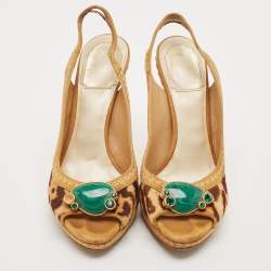 Dior Beige/Brown Calf Hair and Suede Peep Toe Slingback Pumps Size 38