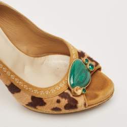 Dior Beige/Brown Calf Hair and Suede Peep Toe Slingback Pumps Size 38