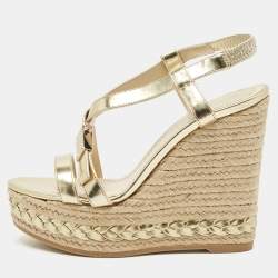 Pre Owned Dior Gold Leather Espadrille Wedge Sandals Size 36.5