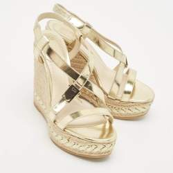 Pre Owned Dior Gold Leather Espadrille Wedge Sandals Size 36.5