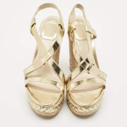 Pre Owned Dior Gold Leather Espadrille Wedge Sandals Size 36.5