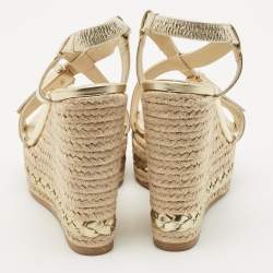 Pre Owned Dior Gold Leather Espadrille Wedge Sandals Size 36.5