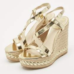 Pre Owned Dior Gold Leather Espadrille Wedge Sandals Size 36.5