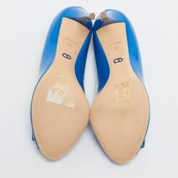 Dior Blue Patent Leather Metal Cannage Plaque Detail Peep Toe Pumps Size 36