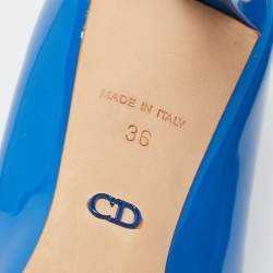 Dior Blue Patent Leather Metal Cannage Plaque Detail Peep Toe Pumps Size 36