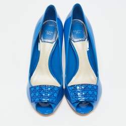 Dior Blue Patent Leather Metal Cannage Plaque Detail Peep Toe Pumps Size 36