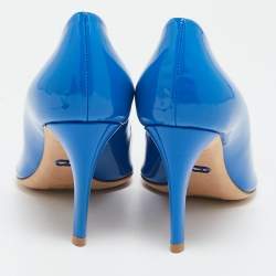 Dior Blue Patent Leather Metal Cannage Plaque Detail Peep Toe Pumps Size 36