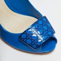 Dior Blue Patent Leather Metal Cannage Plaque Detail Peep Toe Pumps Size 36